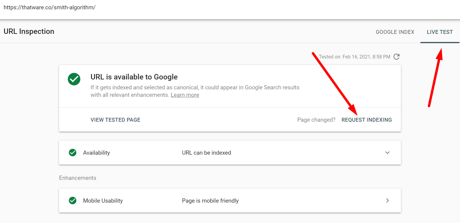 URL live inspection